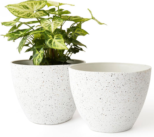 Flower Pots Outdoor Garden Planters, Indoor Plant Pots with Drainage Holes, Plastic, Speckled White, Set 2 (7.5 + 7.5 Inch)
