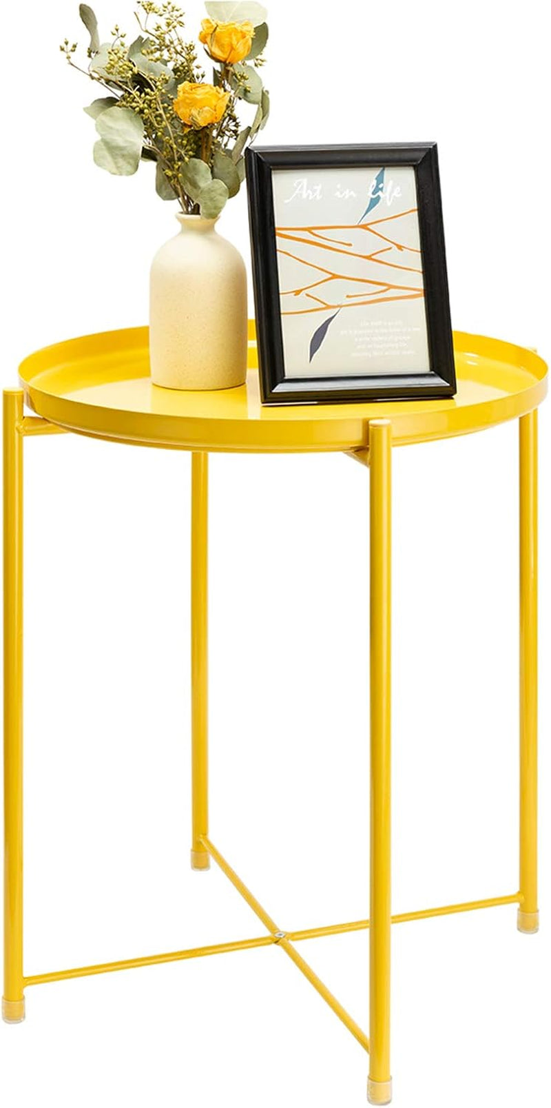 End Table, Outdoor Side Table Small Patio Desk round Metal Yellow Accent Nightstand for Small Spaces Coffee Nightstand Anti-Rust and Waterproof Bright Yellow