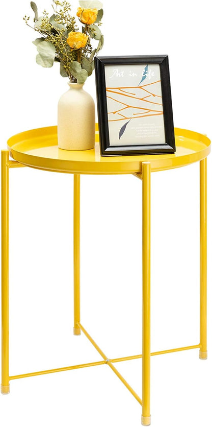 End Table, Outdoor Side Table Small Patio Desk round Metal Yellow Accent Nightstand for Small Spaces Coffee Nightstand Anti-Rust and Waterproof Bright Yellow
