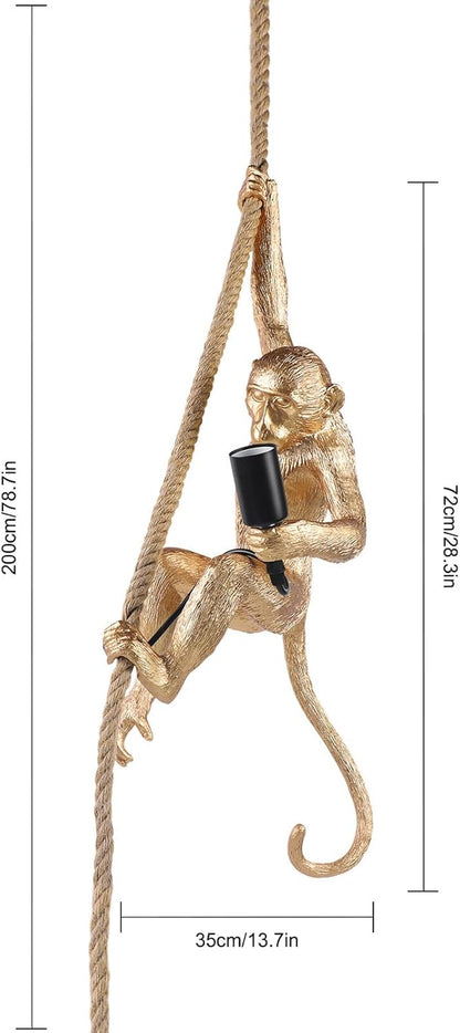 Vintage Monkey Pendant Light Retro Resin Hemp Rope Monkey Lamp 13.7 X 78.7 Inch Hanging Light Fixture E26 Chandelier Ceiling Pendant Lamp for Dining Living Room Bar Cafe (Gold - Pendant Light)