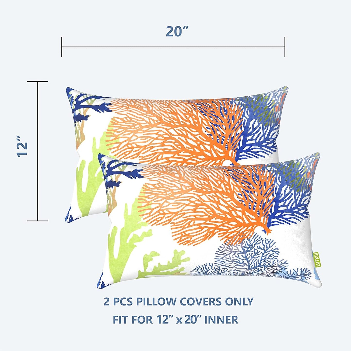 Outdoor/Indoor Lumbar Pillow Covers, Patio Fade Resistant Lumbar Pillow Cases ONLY, Tropical Lumbar Cushion Covers for Home and Garden Furniture Decor,12” X 20”, Pack of 2, Coral Multi