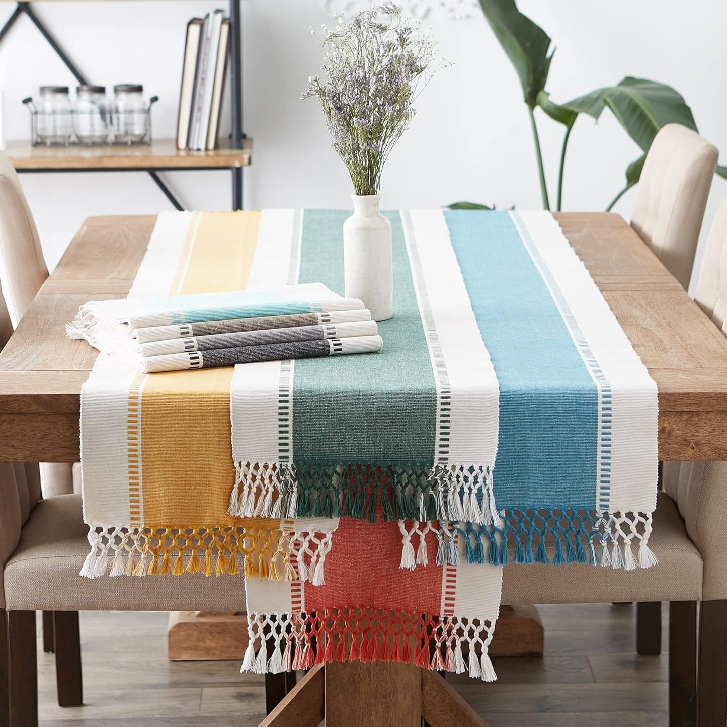 Dobby Stripe Woven Table Runner, 13X72 (13X77.5, Fringe Included), Black