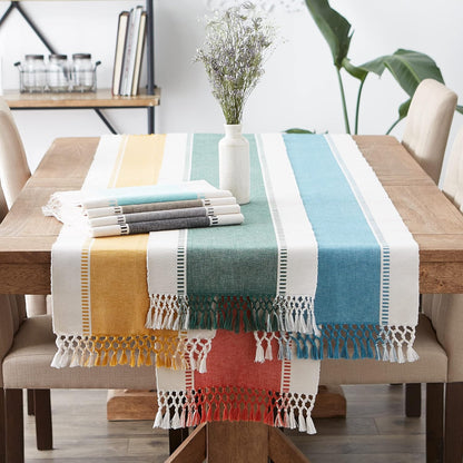 Dobby Stripe Woven Table Runner, 13X72 (13X77.5, Fringe Included), Black