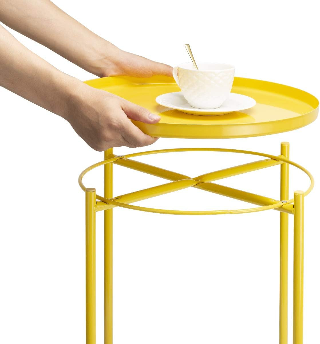 End Table, Outdoor Side Table Small Patio Desk round Metal Yellow Accent Nightstand for Small Spaces Coffee Nightstand Anti-Rust and Waterproof Bright Yellow