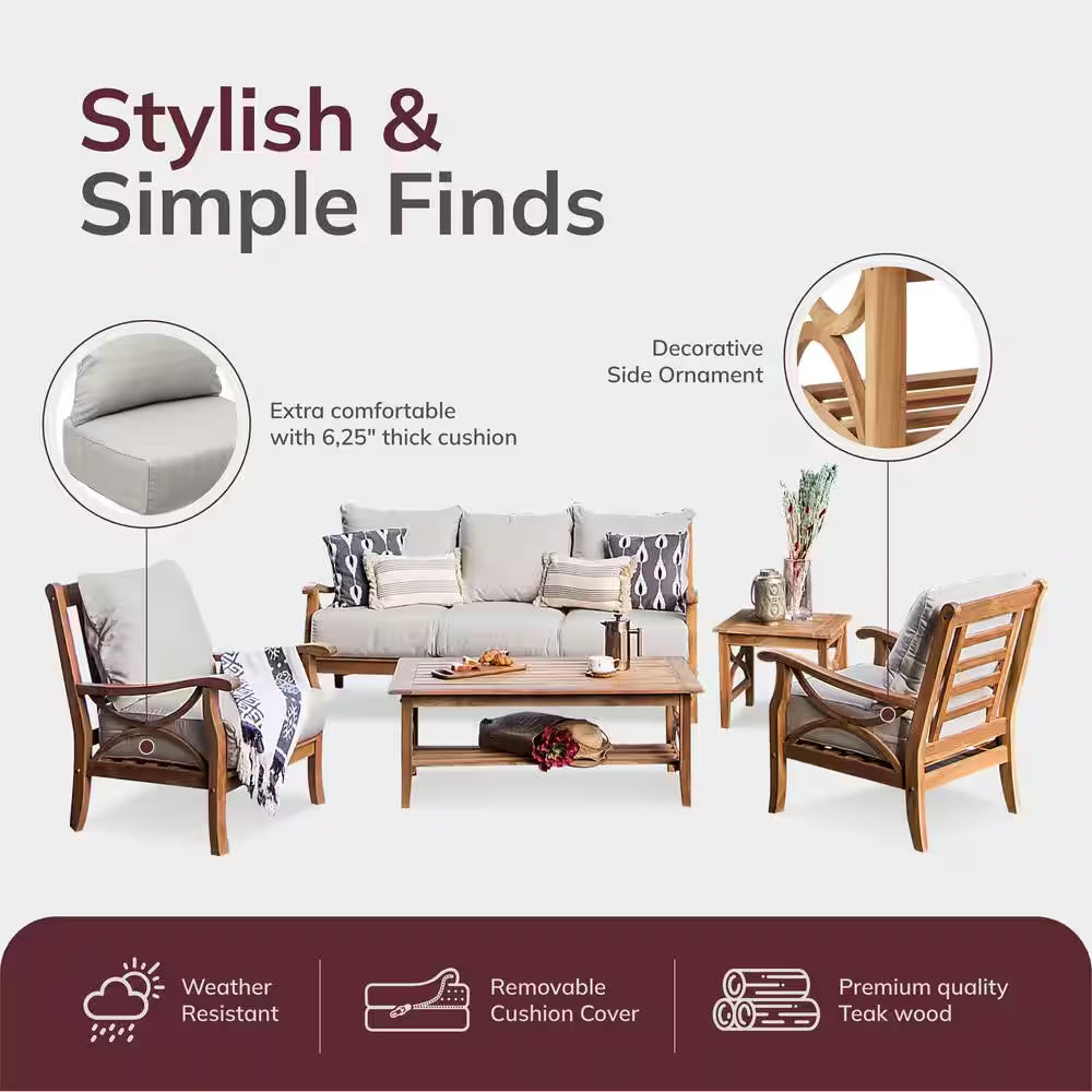 Kinsley 5-Piece Premium Indonesia Teak Wood Patio Conversation Set with Beige Cushion