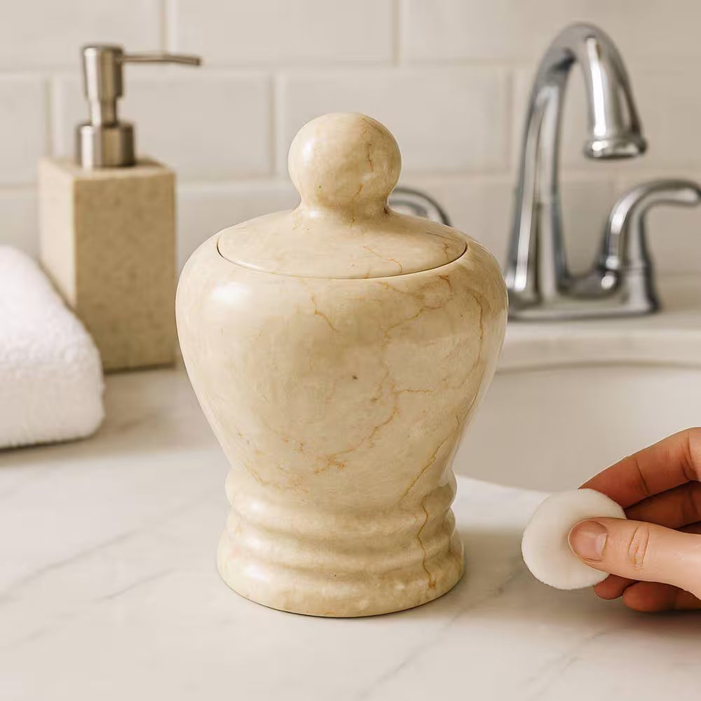 Natural Champagne Marble Aladdin Collection Cotton Ball Holder, Swab Q-Tip Holder, Bathroom Storage Jar Canister