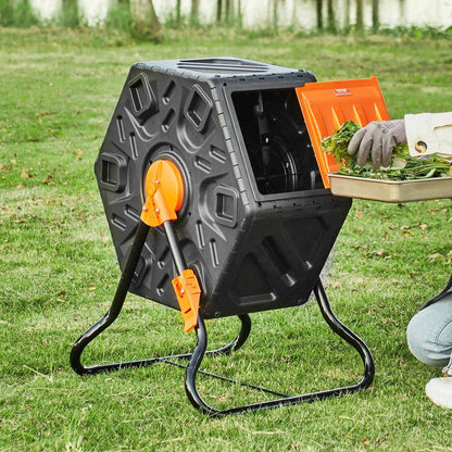 Compost Bin 18.5 Gal. Small Composting Tumbler Compact Single Rotating Chamber with Sliding Door and Frame for Garden