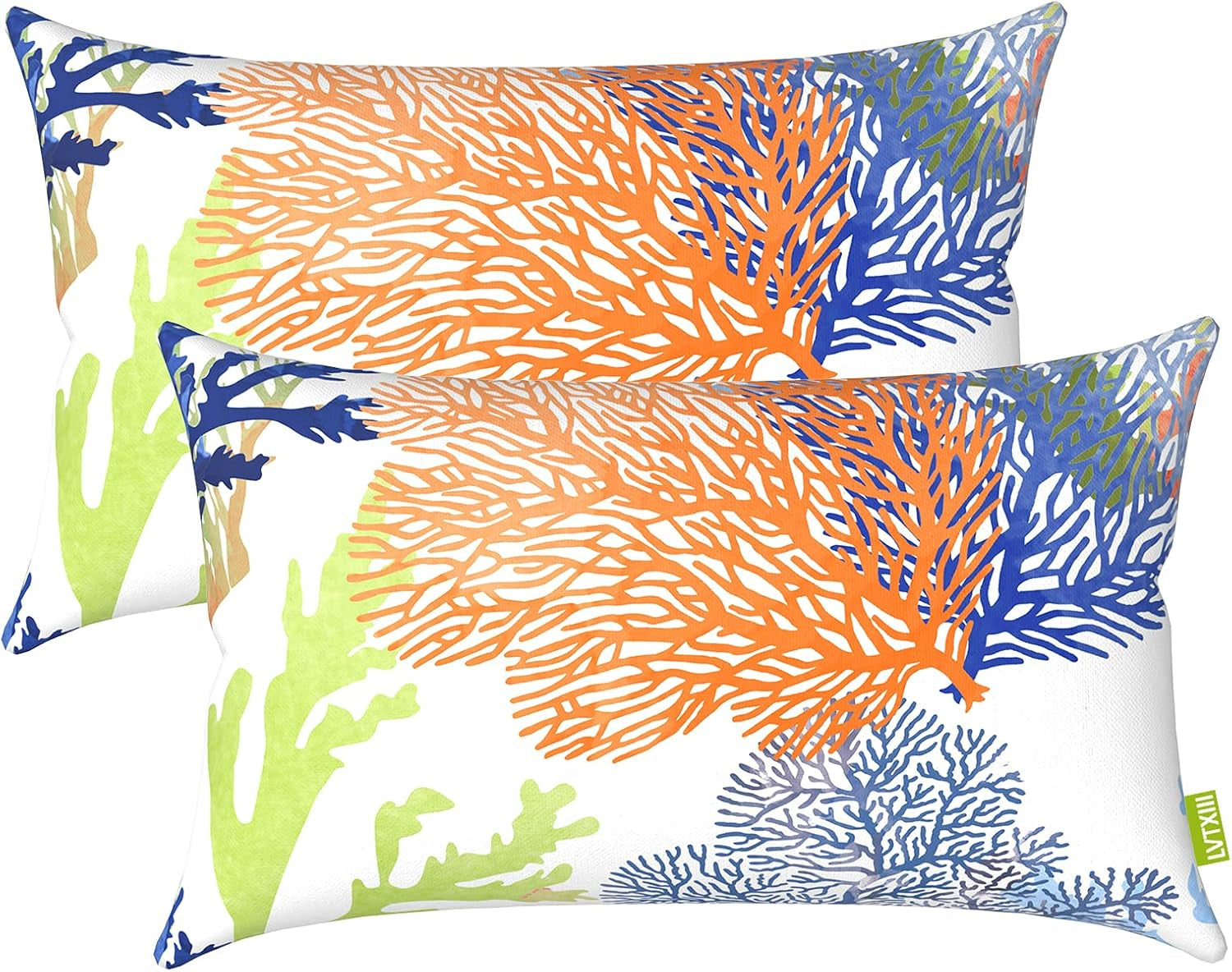 Outdoor/Indoor Lumbar Pillow Covers, Patio Fade Resistant Lumbar Pillow Cases ONLY, Tropical Lumbar Cushion Covers for Home and Garden Furniture Decor,12” X 20”, Pack of 2, Coral Multi