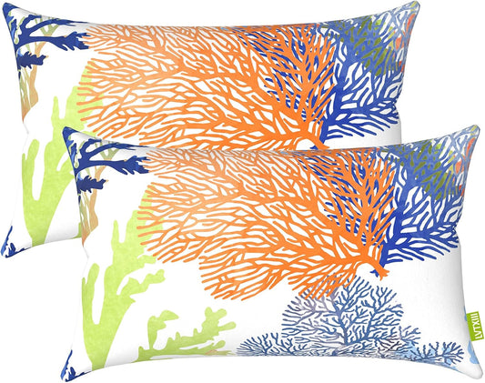 Outdoor/Indoor Lumbar Pillow Covers, Patio Fade Resistant Lumbar Pillow Cases ONLY, Tropical Lumbar Cushion Covers for Home and Garden Furniture Decor,12” X 20”, Pack of 2, Coral Multi