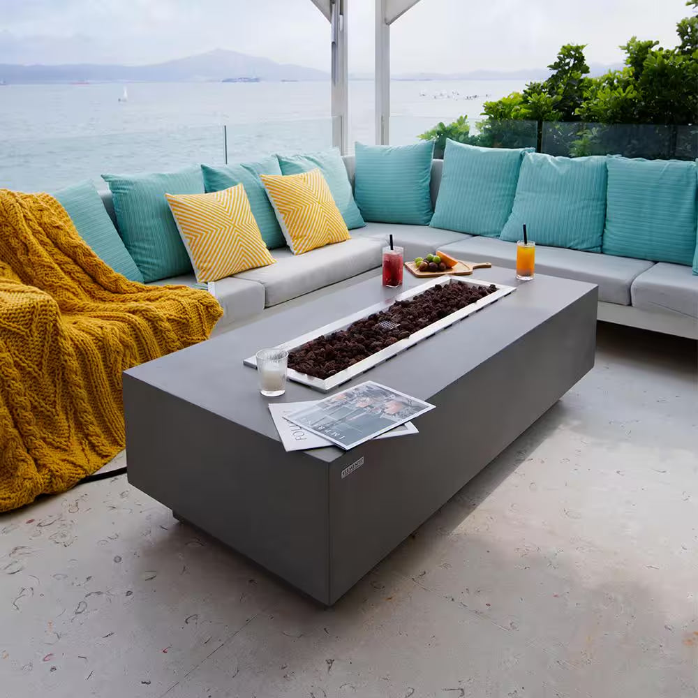 Granville Outdoor Fire Pit 60 In. X 27 In. Rectangular Concrete Propane Fire Table with Lava Rocks and Cover